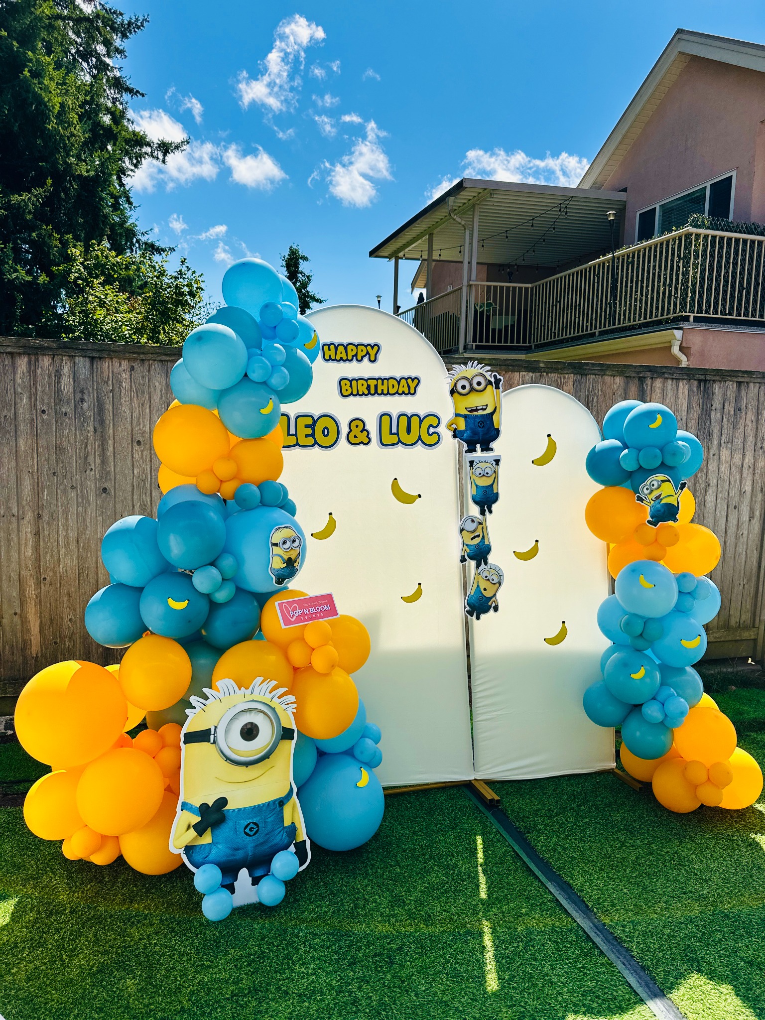 Blue and yellow character birthday backdrop